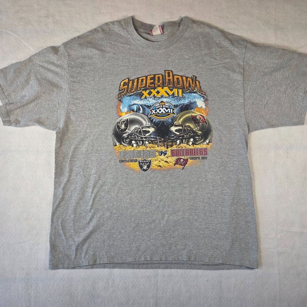 NFL Football T-Shirt Super Bowl Xxxvii Raiders Vs Buccaneers 2003 Mens 2XL Gray